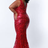 Tease Prom TE2303 Magenta, Plus Size fitted dress with all over sequins, V-neck, with matching V-back and thick bra-friendly straps