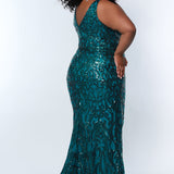 Tease Prom TE2303 Teal, Plus Size fitted dress with all over sequins, V-neck, with matching V-back and thick bra-friendly straps