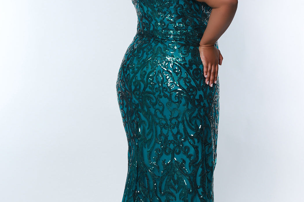 Tease Prom TE2303 Teal, Plus Size fitted dress with all over sequins, V-neck, with matching V-back and thick bra-friendly straps