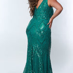 Tease Prom TE2304 Emerald, Fitted/Mermaid silhouette, Stretch sequin appliques over mesh, V-neckline with tone-on-tone mesh. Sleeveless Natural waistline slim/fitted skirt and a sweep train and V-back. 