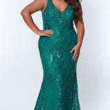 Tease Prom TE2304 Emerald, Fitted/Mermaid silhouette, Stretch sequin appliques over mesh, V-neckline with tone-on-tone mesh. Sleeveless Natural waistline slim/fitted skirt and a sweep train 