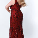 Tease Prom TE2304 burgundy, Fitted/Mermaid silhouette, Stretch sequin appliques over mesh, V-neckline with tone-on-tone mesh. Sleeveless Natural waistline slim/fitted skirt and a sweep train and V-back. 