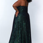 Tease Prom TE2305 Peacock. A-line Silhouette, floor length, sequins and a surplice neckline. A fitted bodice. sleeveless, Center-back Zipper and a natural waistline A-line Skirt with a slit, pockets and satin lining.