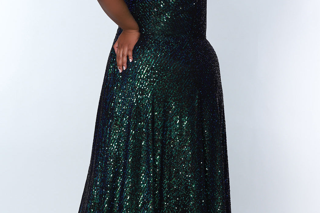 Tease Prom TE2305 Peacock. A-line Silhouette, floor length, sequins and a surplice neckline. A fitted bodice. sleeveless, Center-back Zipper and a natural waistline A-line Skirt with a slit, pockets and satin lining.