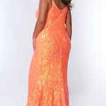 Tease Prom TE2307 Tangelo orange. Slim A-line silhouette with a scoop neckline and ½ inch straps covered in lace. Scoop back and a center back zipper. Sequins over stretch knit 5 inch train 2 inch horsehair hem.