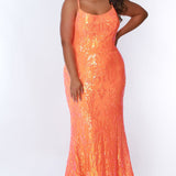 Tease Prom TE2307 Tangelo orange. Slim A-line silhouette with a scoop neckline and ½ inch straps covered in lace. Scoop back and a center back zipper. Sequins over stretch knit 5 inch train 2 inch horsehair hem.