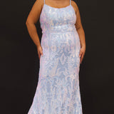 Tease Prom TE2307 Ice Blue. Slim A-line silhouette with a scoop neckline and ½ inch straps covered in lace. Scoop back and a center back zipper. Sequins over stretch knit 5 inch train 2 inch horsehair hem.