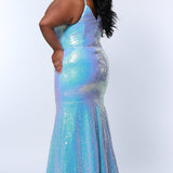 Tease Prom TE2310 Arctic frost. Multidimensional light blue sequins, slim, mermaid silhouette with a V-neckline, a natural waistline and a V-back. Stretch sequins over a stretch knit lining. Half inch straps, slim skirt, sweep train. 