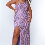 Tease Prom TE2311 Lilac purple. Slim fitted silhouette with sequin appliques on stretch net. Fitted skirt with a slit on the right side and a sweep train. One-shoulder neckline, sleeveless with a center back zipper. 