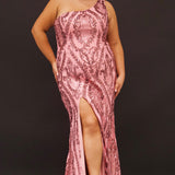 Tease Prom TE2311 Dark pink. Slim fitted silhouette with sequin appliques on stretch net. Fitted skirt with a slit on the right side and a sweep train. One-shoulder neckline, sleeveless with a center back zipper. 