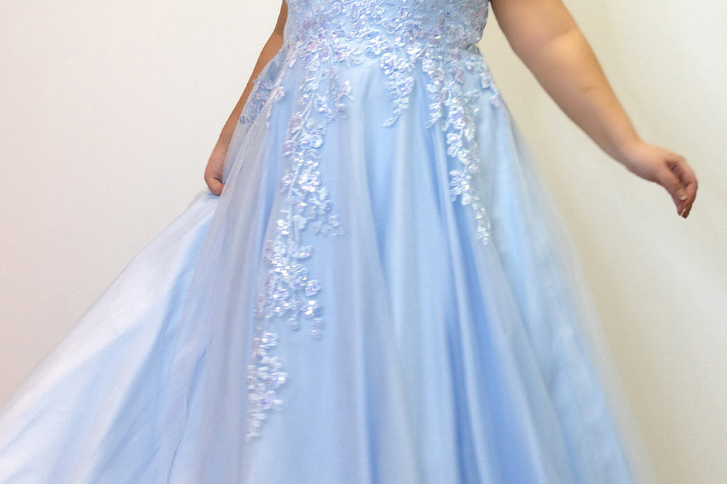 Tease Prom TE2313 Light blue. A-line silhouette, V-neckline,  tulle with cascading floral embroidered lace with a natural waistline. Wide lace straps and a center back zipper. Partially lined with satin 