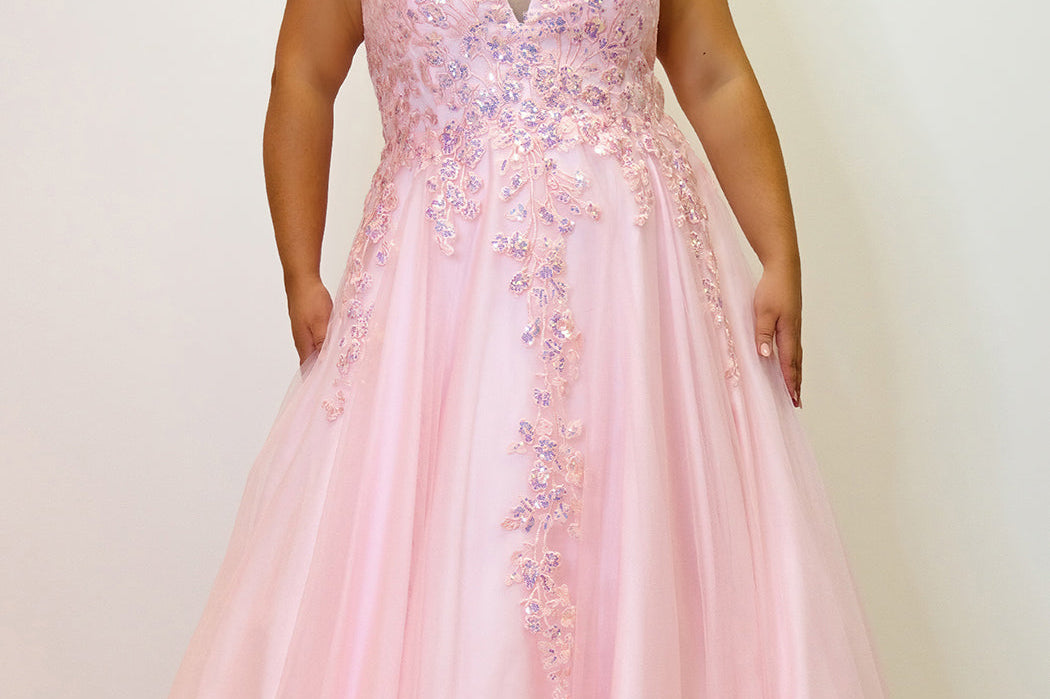Tease Prom TE2313 Light pink. A-line silhouette, V-neckline,  tulle with cascading floral embroidered lace with a natural waistline. Wide lace straps and a center back zipper. Partially lined with satin 