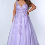 Tease Prom TE2313 Light purple. A-line silhouette, V-neckline,  tulle with cascading floral embroidered lace with a natural waistline. Wide lace straps and a center back zipper. Partially lined with satin 