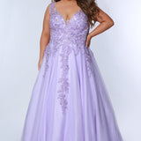 Tease Prom TE2313 Light purple. A-line silhouette, V-neckline,  tulle with cascading floral embroidered lace with a natural waistline. Wide lace straps and a center back zipper. Partially lined with satin 
