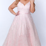Tease Prom TE2314 soft pink. Fully lined, A-line silhouette, natural waistline  and V-neckline.Ball gown skirt with pockets. Tulle with leaf lace appliques with hot fix stones. Half inch straps covered in lace. Long invisible center back zipper and a detachable self belt. 