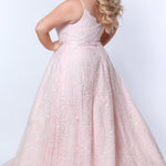Tease Prom TE2314 soft pink.  Fully lined, A-line silhouette, natural waistline  and V-neckline.Ball gown skirt with pockets. Tulle with leaf lace appliques with hot fix stones. Half inch straps covered in lace. Long invisible center back zipper and a detachable self belt. 