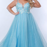Tease Prom TE2315 light blue, A-line silhouette, natural waistline  and V-neckline. Sparkle tulle and leaf lace appliques with sequins. Half inch straps covered in lace. Long invisible center back zipper and a detachable self belt. 