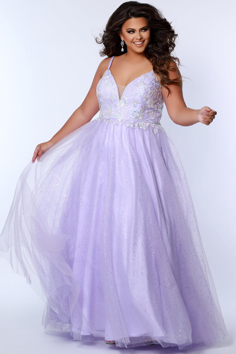 Plus Size A-Line Leaf Lace Glitter Tulle Ball Gown - TE2315