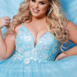 Tease Prom TE2315 baby blue.  A-line silhouette, natural waistline  and V-neckline. Sparkle tulle and leaf lace appliques with sequins. Half inch straps covered in lace. Long invisible center back zipper and a detachable self belt. 
