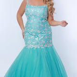 Tease Prom TE2316 aqua blue. Mermaid silhouette, scoop neckline. Sparkle tulle and leaf lace appliques with sequins. Half inch straps covered in lace. Tulle skirt and long invisible center back zipper. 