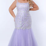 Tease Prom TE2316 light purple. Mermaid silhouette, scoop neckline. Sparkle tulle and leaf lace appliques with sequins. Half inch straps covered in lace. Tulle skirt and long invisible center back zipper. 