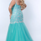 Tease Prom TE2316 aqua blue. Mermaid silhouette, scoop neckline. Sparkle tulle and leaf lace appliques with sequins. Half inch straps covered in lace. Tulle skirt and long invisible center back zipper. 