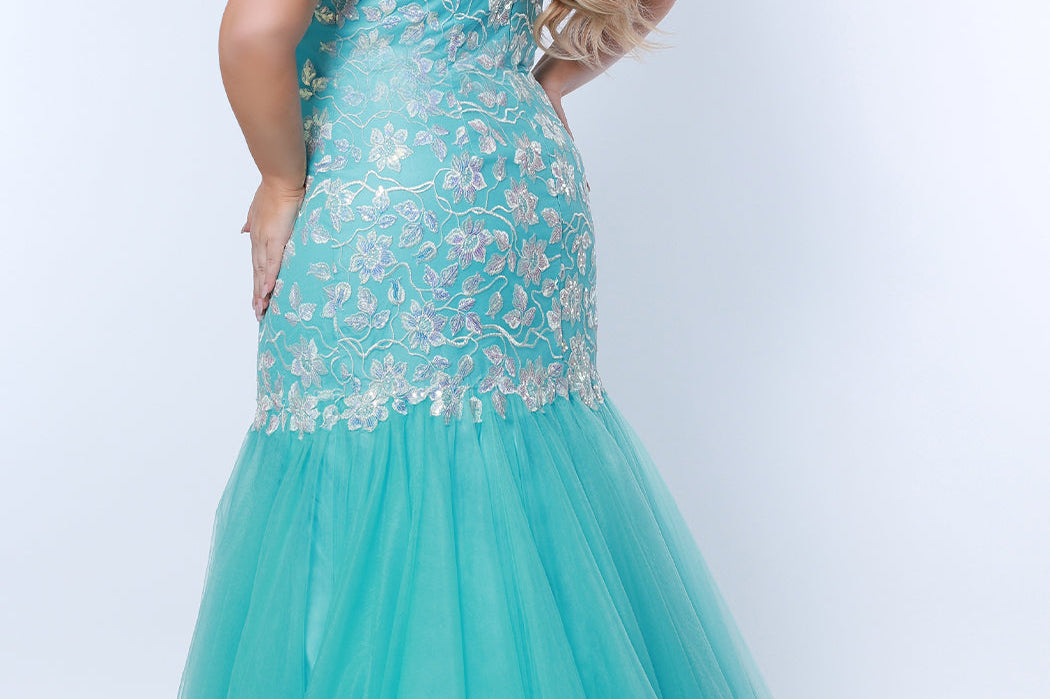 Tease Prom TE2316 aqua blue. Mermaid silhouette, scoop neckline. Sparkle tulle and leaf lace appliques with sequins. Half inch straps covered in lace. Tulle skirt and long invisible center back zipper. 