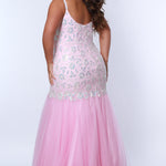 Tease Prom TE2316 soft pink. Mermaid silhouette, scoop neckline. Sparkle tulle and leaf lace appliques with sequins. Half inch straps covered in lace. Tulle skirt and long invisible center back zipper. 