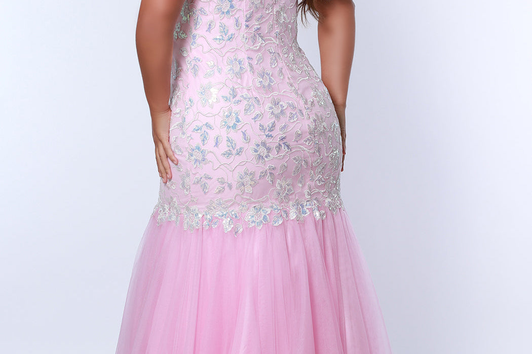 Tease Prom TE2316 soft pink. Mermaid silhouette, scoop neckline. Sparkle tulle and leaf lace appliques with sequins. Half inch straps covered in lace. Tulle skirt and long invisible center back zipper. 
