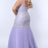 Tease Prom TE2316 light purple. Mermaid silhouette, scoop neckline. Sparkle tulle and leaf lace appliques with sequins. Half inch straps covered in lace. Tulle skirt and long invisible center back zipper. 