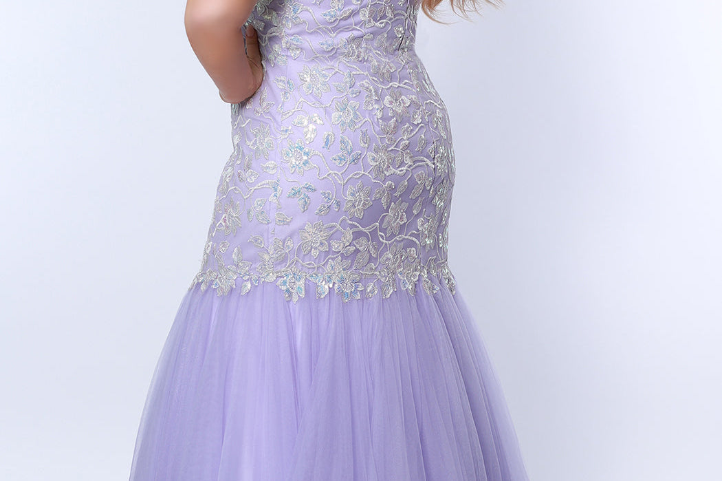 Tease Prom TE2316 light purple. Mermaid silhouette, scoop neckline. Sparkle tulle and leaf lace appliques with sequins. Half inch straps covered in lace. Tulle skirt and long invisible center back zipper. 