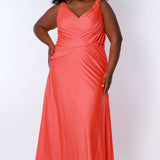 Tease Prom TE2318 Fluorescent Orange. Fit and Flare silhouette with a natural waistline and fitted skirt. V-neckline and V-bodice with pleats. Stretch lycra with hot fix stones. Sleeveless, bra-friendly straps, sweep train and a center back zipper. 