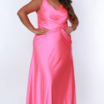 Tease Prom TE2318 Hot pink. Fit and Flare silhouette with a natural waistline and fitted skirt. V-neckline and V-bodice with pleats. Stretch lycra with hot fix stones. Sleeveless, bra-friendly straps, sweep train and a center back zipper. 