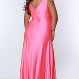 Tease Prom TE2318 Hot pink. Fit and Flare silhouette with a natural waistline and fitted skirt. V-neckline and V-bodice with pleats. Stretch lycra with hot fix stones. Sleeveless, bra-friendly straps, sweep train and a center back zipper. 