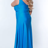Tease Prom TE2318 electric blue. Fit and Flare silhouette with a natural waistline and fitted skirt. V-neckline and V-bodice with pleats. Stretch lycra with hot fix stones. Sleeveless, bra-friendly straps, sweep train and a center back zipper. 