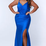 Tease Prom TE2319 Royal blue. Slim/ fitted silhouette with aSlim/fitted skirt. V-neckline and double straps. Stretch lycra with hot fix stones. High slit, Ruched front and back bodice, sweep train and a center back zipper. 