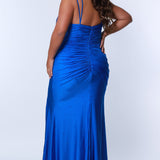 Tease Prom TE2319 Royal blue. Slim/ fitted silhouette with a Slim/fitted skirt. V-neckline and double straps. Stretch lycra with hot fix stones. High slit, ruched front and back bodice, sweep train and a center back zipper. 