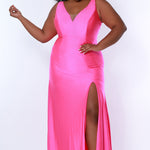 Tease Prom TE2320 Hot pink. Slim/ fitted silhouette with a Slim/fitted skirt. V-neckline and bra-friendly straps. Stretch lycra with hot fix stones.High slit, ruched front and back bodice, sweep train and a center back zipper. 