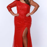 Tease Prom TE2325 Ruby red. Slim/Fitted Silhouette with a Slim skirt. Natural waistline with a One-shoulder neckline and Sheer long sleeve. Lace appliques, Sequins and a center back zipper. Partially lined, with a high slit, a sweep train and horsehair hem. 