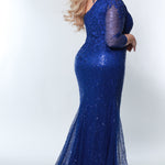 Tease Prom TE2325 royal blue. Slim/Fitted Silhouette with a Slim skirt. Natural waistline with a One-shoulder neckline and Sheer long sleeve. Lace appliques, Sequins and a center back zipper. Partially lined, with a high slit, a sweep train and horsehair hem. 