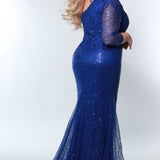 Tease Prom TE2325 royal blue. Slim/Fitted Silhouette with a Slim skirt. Natural waistline with a One-shoulder neckline and Sheer long sleeve. Lace appliques, Sequins and a center back zipper. Partially lined, with a high slit, a sweep train and horsehair hem. 