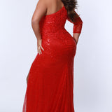 Tease Prom TE2325 Ruby red. Slim/Fitted Silhouette with a Slim skirt. Natural waistline with a One-shoulder neckline and Sheer long sleeve. Lace appliques, Sequins and a center back zipper. Partially lined, with a high slit, a sweep train and horsehair hem. 