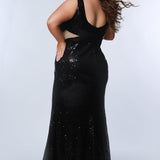 Tease Prom TE2327 Black. Slim/Fitted Silhouette with a Slim skirt. Natural waistline with a V-neckline and Bra-friendly straps. Sequins, Mesh net, Hot fix stones and a nude mesh side cutout with hotfix stones. Scoop back with a center back zipper. Partially lined, with a sweep train.