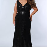 Tease Prom TE2327 Black. Slim/Fitted Silhouette with a Slim skirt. Natural waistline with a V-neckline and Bra-friendly straps. Sequins, Mesh net, Hot fix stones and a nude mesh side cutout with hotfix stones. Scoop back with a center back zipper. Partially lined, with a sweep train.