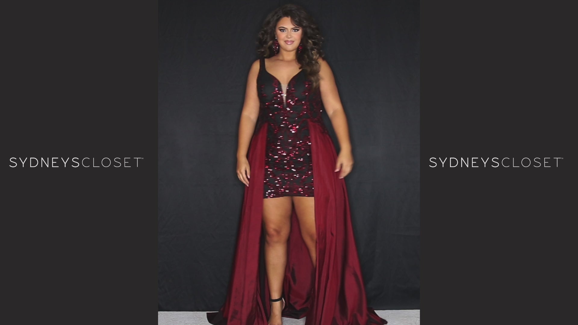 Sydney’s Closet SC7341 Black.  Slim/Fitted silhouette, deep V-neckline and bra-friendly straps. Natural waistline, sequins on net. Mid-thigh skirt with attached charmeuse overskirt. Center  back zipper. 