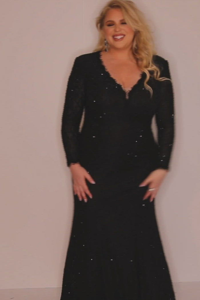 JK2104 Mercedes Pageant Gown Johnathan Kayne for Sydney's Closet plus size pageant mermaid dress long sleeved v neck with zipper back available in cobalt, jet black and scarlet