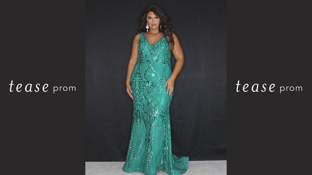 Tease Prom TE2304 Emerald and Burgundy Fitted/Mermaid silhouette, Stretch sequin appliques over mesh, V-neckline with tone-on-tone mesh. Sleeveless Natural waistline slim/fitted skirt and a sweep train