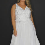 Joni Bridal Gown SC5252 by Sydney's Closet A-Line with belt and zipper back chiffon skirt with leg slit and appliques on the bodice available in Ivory
