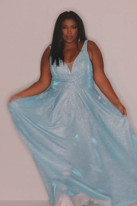 SC7324 Sydney's Prom by Sydney's Closet aline prom dress with v neckline and bra friendly straps shimmer metallic fabric with zipper back available in capri orchid and sage