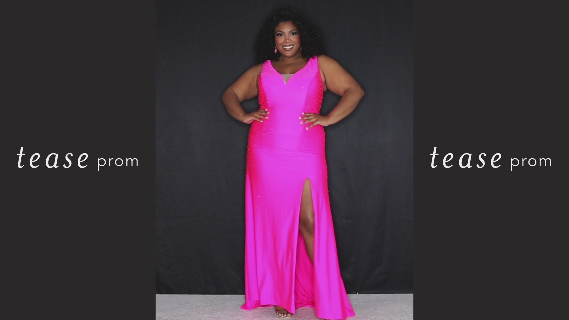 Tease Prom TE2320 Hot pink. Slim/ fitted silhouette with a Slim/fitted skirt. V-neckline and bra-friendly straps. Stretch lycra with hot fix stones.High slit, ruched front and back bodice, sweep train and a center back zipper. 